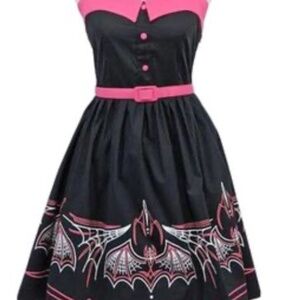 MEDIUM Sourpuss Bat Pinstripe Spooksville dress. Rockabilly. Gothic.